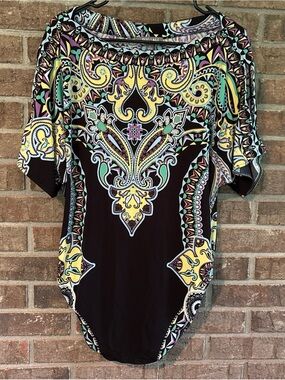 Roz & Ali Black Paisley-Print Short Sleeve Blouse